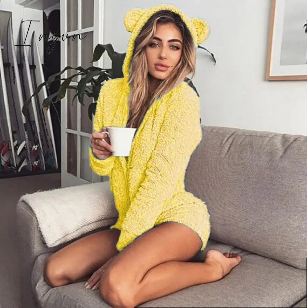 Ingvn - Autumn Keep Warm Velvet Women Rompers Long Sleeve Bodysuit Cute Bear Ears Hoodie Casual Winter Long Sleeve Siamese Shorts