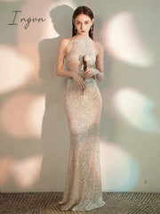 Ingvn - Trends high quality Elegant Off Shoulder Beaded Sequin Evening Dress Women Sliver Party Bodycon Maxi Dress