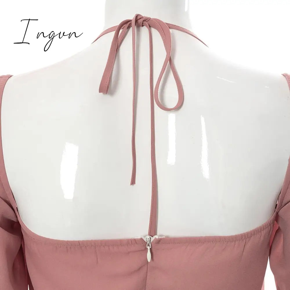 Ingvn - Going Out Outfits Spring Elegant Cut Out Halter Bodycon Mini Dress Women Sexy Flare Long Sleeve Drawstring Backless Party Dresses