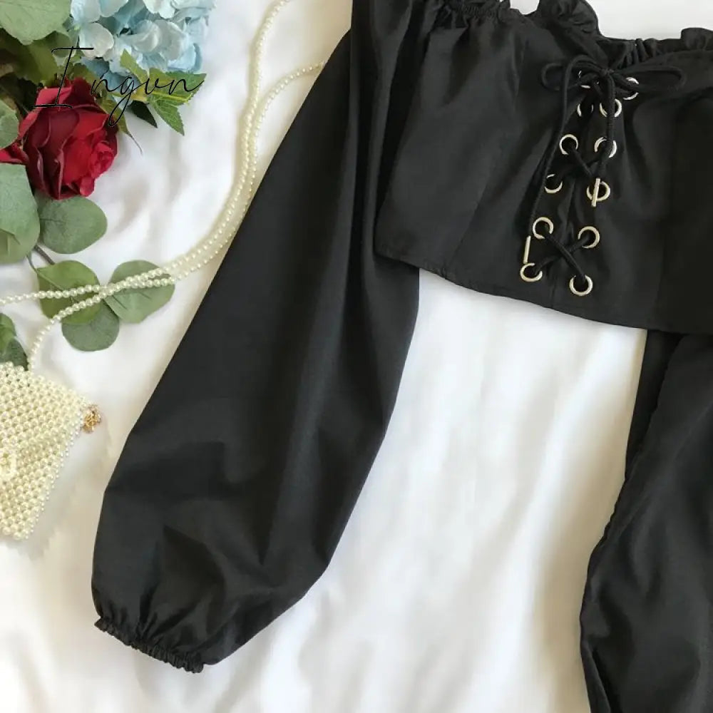 Ingvn - Womens Off Shoulder Top Long Sleeve Ruffle Vintage Blouse With Puff Sleeves Lace Up Ladies Tops Bandage Crop Tops Black White