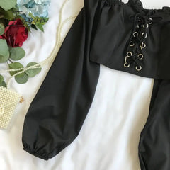 Ingvn - Womens Off Shoulder Top Long Sleeve Ruffle Vintage Blouse With Puff Sleeves Lace Up Ladies Tops Bandage Crop Tops Black White