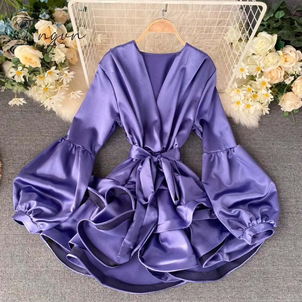 Ingvn - White Party Evening Dress for New Year Women Satin Silk Mini Long Lantern Sleeve Elegant Short Casual Dresses