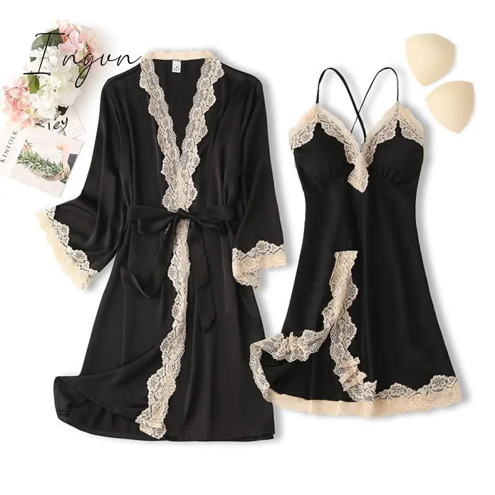Ingvn - Lace Trim Sexy Wedding Lady Robe Suit Loose Satin Bride Bridesmaid Kimono Bathrobe Gown Mini Sleepwear Rayon Intimate Lingerie