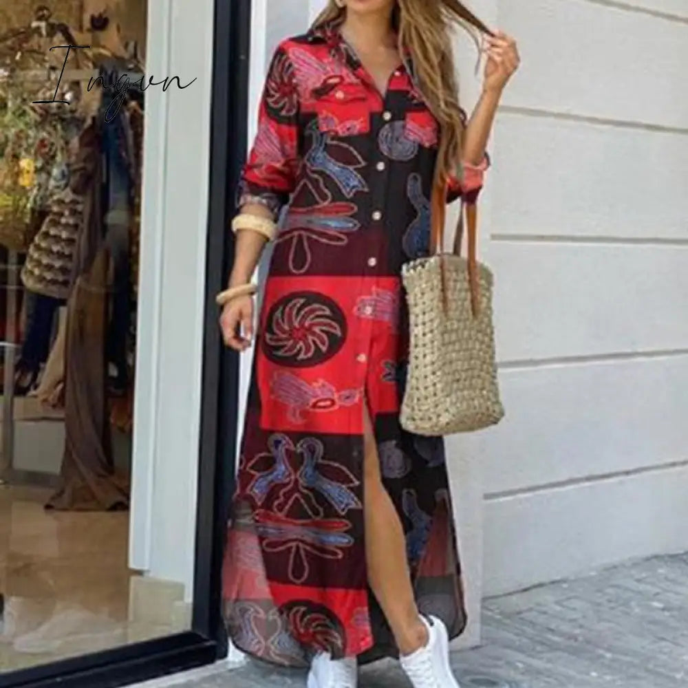 Ingvn - Fashion Women Long Sleeve Shirt Dress Autumn  Printed OL Long Dresses Laides Turn-down Collar Loose Sundress Party Dresses