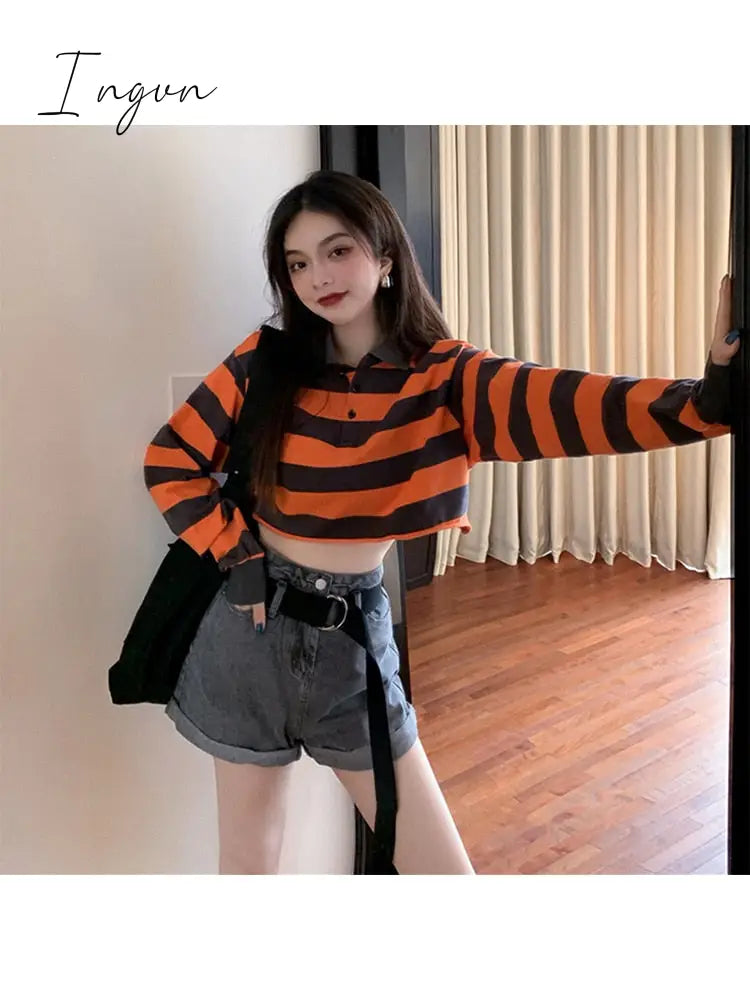 Ingvn - Loose Casual Vintage Striped Turn Down Collar