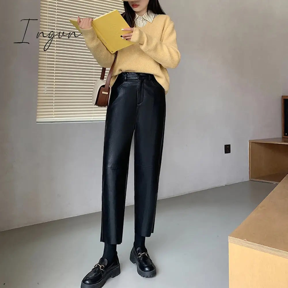 Ingvn - Burgundy Leather Pants Women Wide Leg Trousers Korean Style Y2k Fashion Loose Pants High Waisted Black Pu Baggy Pants
