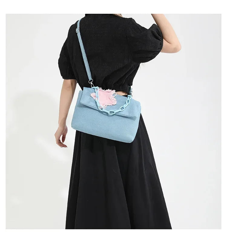 Ingvn  Sweet Pink Star Women's Denim Shoulder Bag Chain Handle Ladies Clutch Crossbody Bags Simple Hot Girls Square Tote Purse Handbags