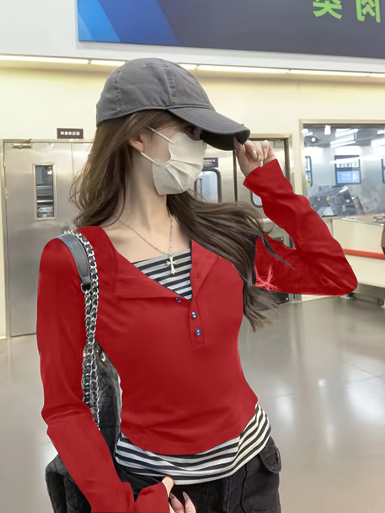 2 In 1 Long Sleeve Striped Print T-shirt, Casual Button Front Top For Women, Spring & Fall
