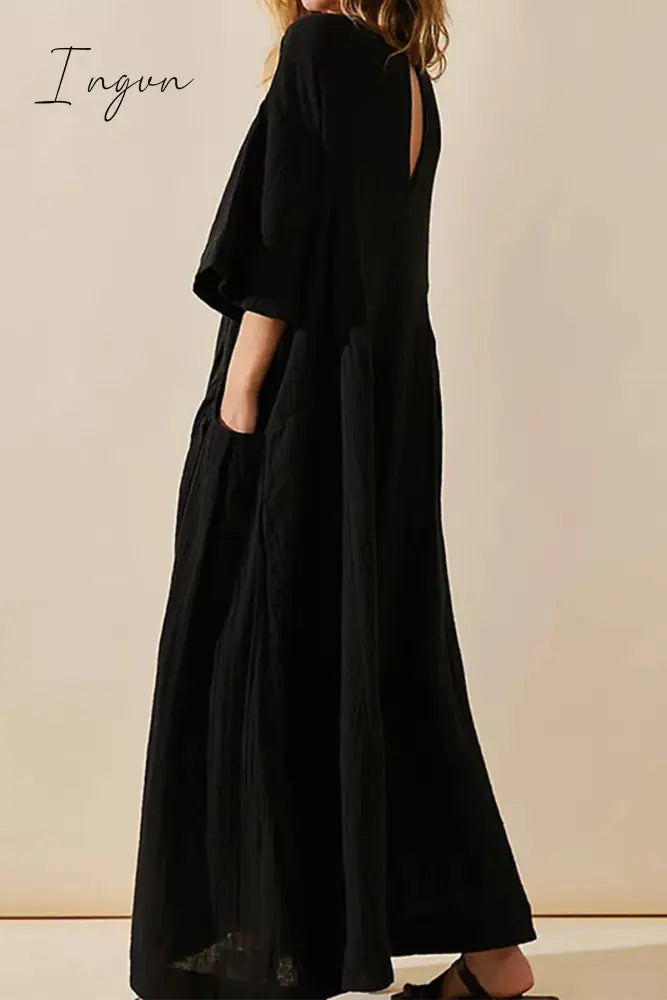Ingvn - Casual Simplicity Solid Pocket O Neck A Line Dresses
