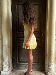 Knit Ruffled Hollow Out Mini Dress Female V-Neck See-Through Holiday Beach Casual Clothes Summer Women's Knitwear Dress