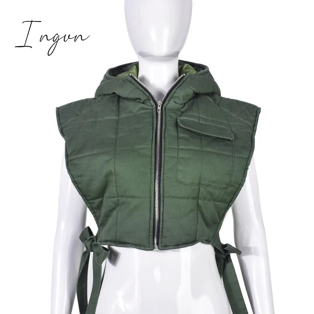 Ingvn - Winter Sleeveless Side Lace Up Vest Jacket Zipper Denim Hoodies Streetwear Women Clothing Fashion Outwear Crop Top