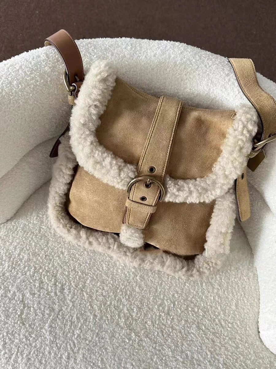 INGVN  Luxury Design Patchwork Fluffy Crossbody Bag Casual Women Vintage Trendy Handbags Streetwear Fashion Y2k Aesthetic Shoulder Bags