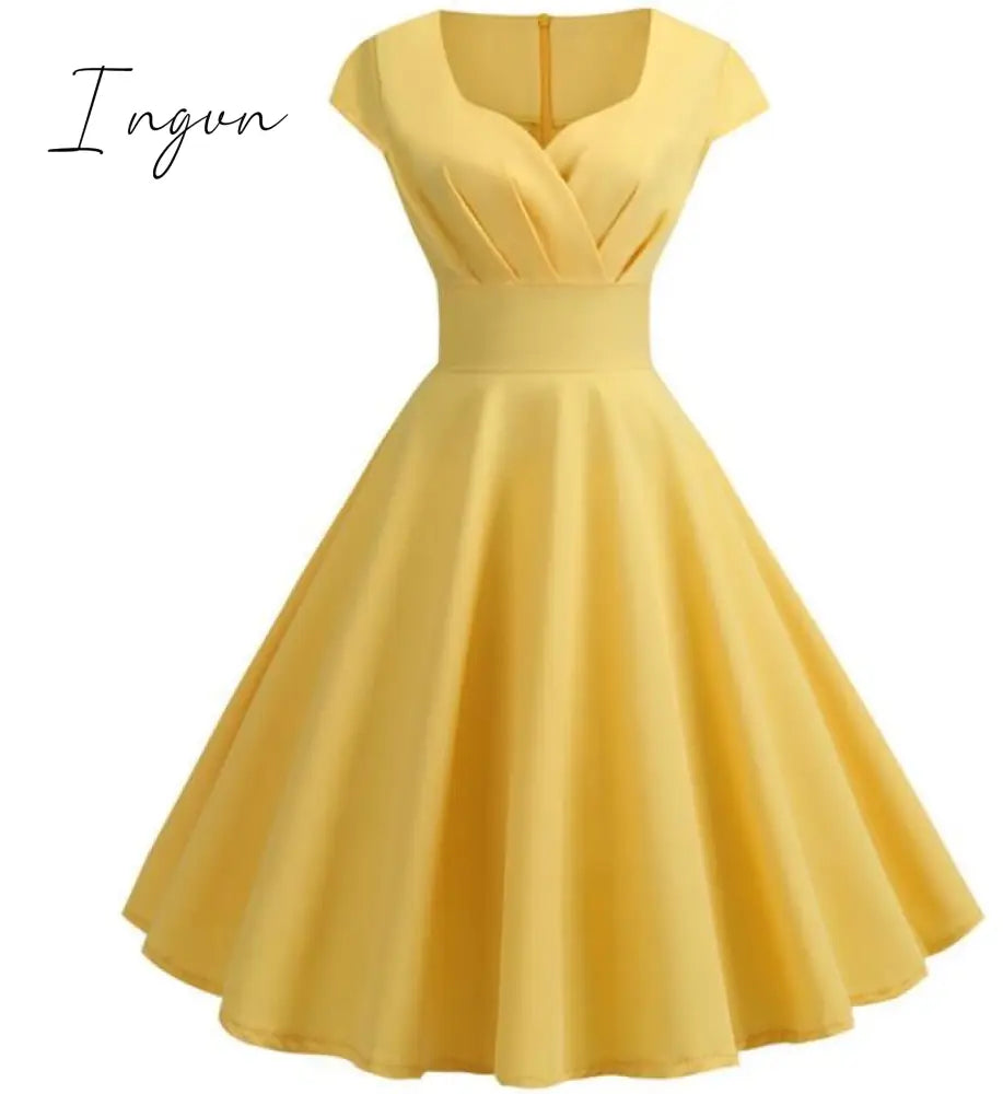 Ingvn - Pink Summer Dress Women V Neck Big Swing Vintage Dress Robe Femme Elegant Retro pin up Party Office Midi Dresses Plus Size