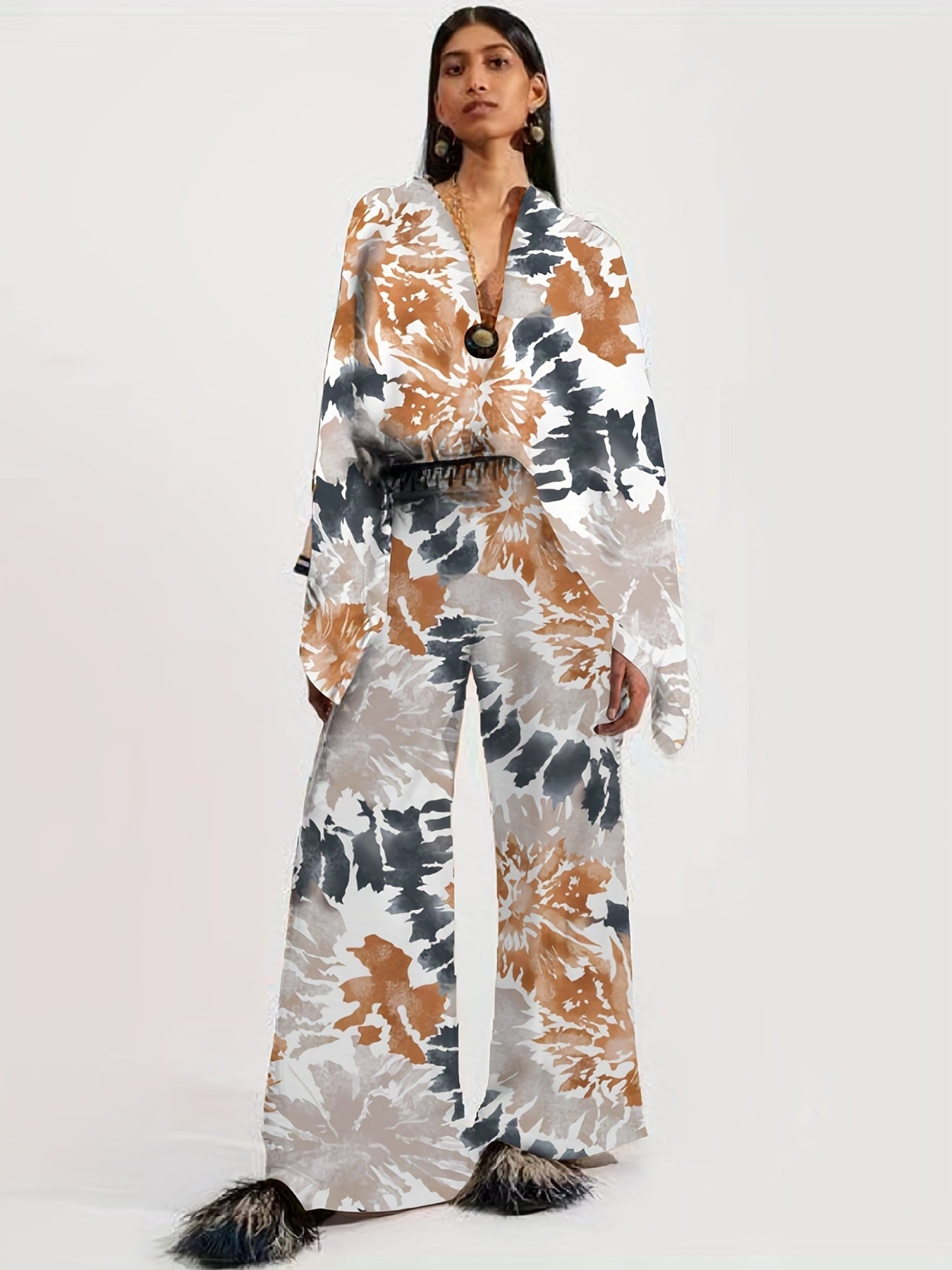 Two-piece Set, Long Sleeve Ethnic Print High Waist Wide Leg Pants Outfits, Button Front Blouse Women's Clothing