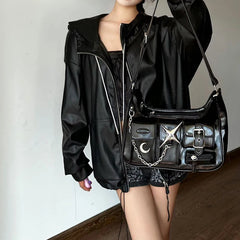 INGVN  Y2k Women Shoulder Bag Harajuku Fashion Gothic Casual Black Chains Handbag Hot Girls Pu Leather Ladies Motorcycle Bag