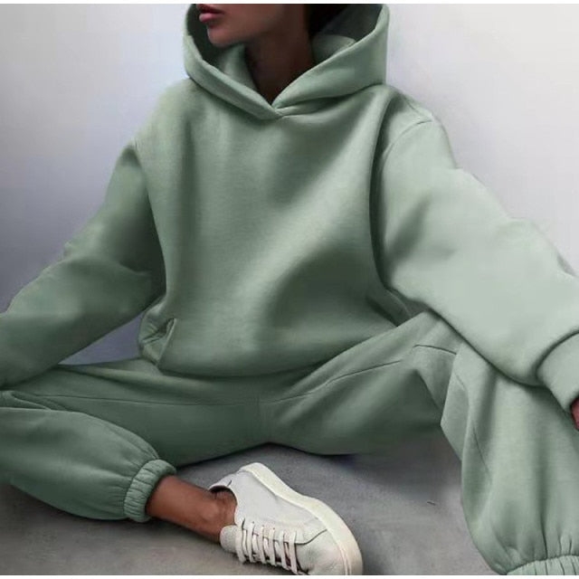 Women's Tracksuit Autumn Plus Fleece Sweatshirts Two Piece Set Casual Oversized Solid Female Sports Hoodie Suit Long Pant Sets