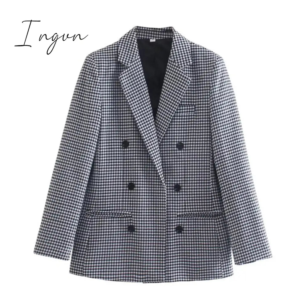 Ingvn - Fashion Autumn Women Plaid Blazers and Jackets Work Office Lady Suit Slim Double Breasted Business Female Blazer Coat Talever