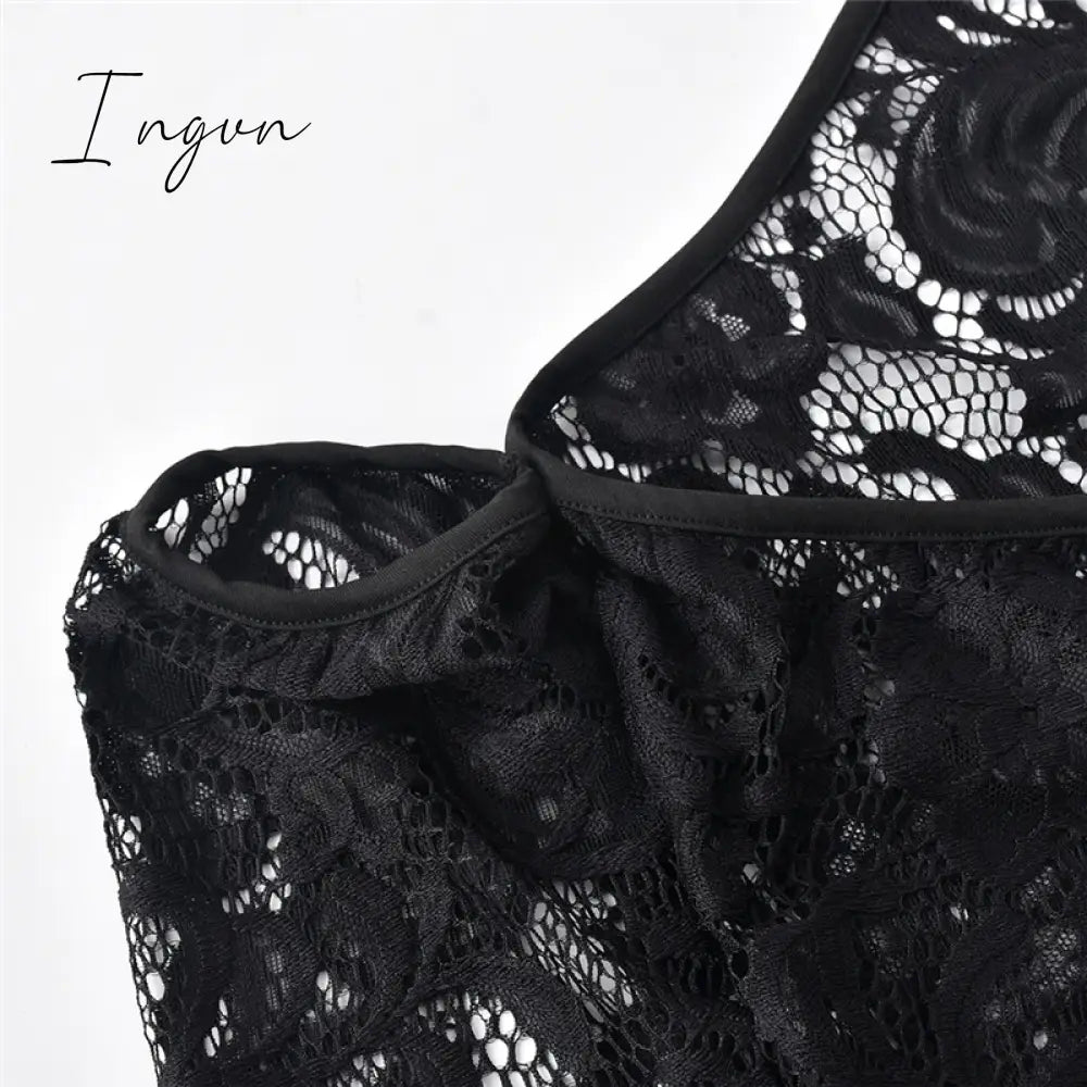 Ingvn - Tassel Stitching Sexy Dress For Women Evening Clubbing Party Square Collar Halter Hollow Out Backless Lace Mini Dress