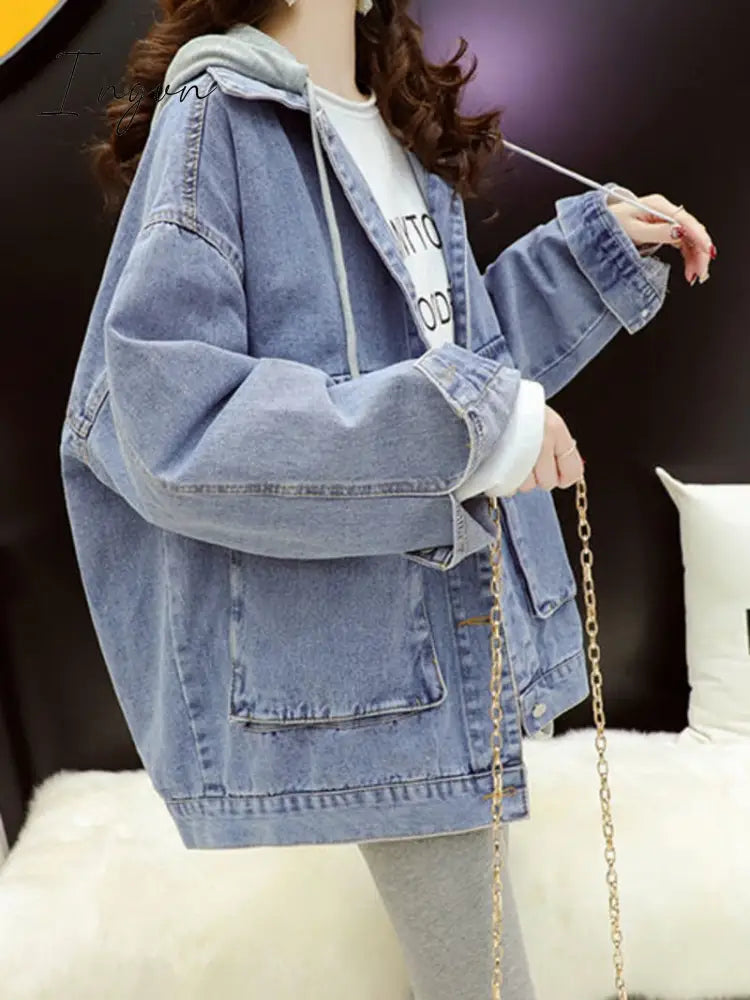 Ingvn - Streetwear Black Denim Jackets Women Korean Fashion Patchwork Hooded Spring Jacket Casual Chaquetas Veste En Jeans Pour Femme