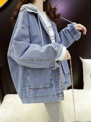 Ingvn - Streetwear Black Denim Jackets Women Korean Fashion Patchwork Hooded Spring Jacket Casual Chaquetas Veste En Jeans Pour Femme
