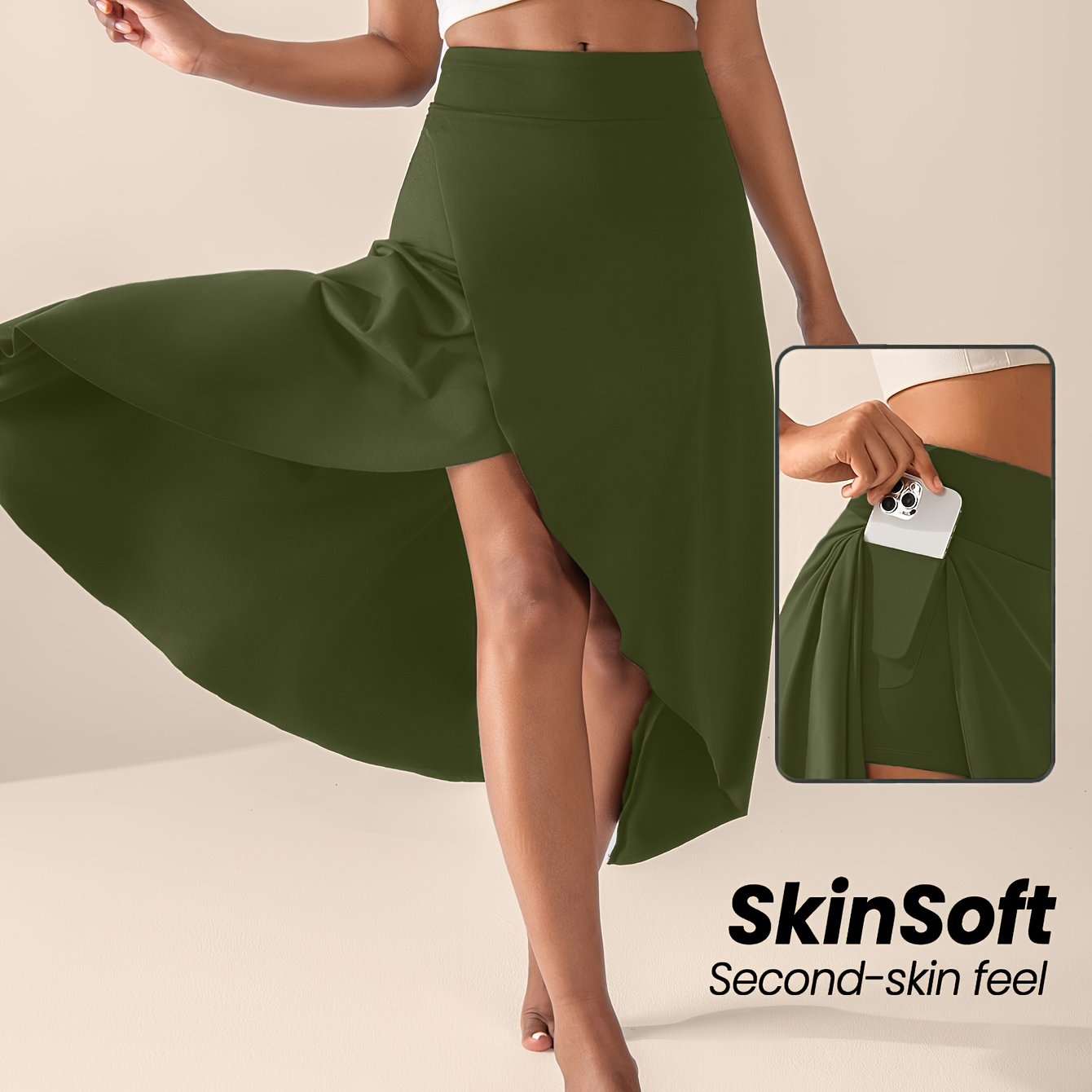 Women's High-Waisted Split Skort with Pockets, Solid Color Casual Sports Skirt, Breathable & Flexible for Active Wear