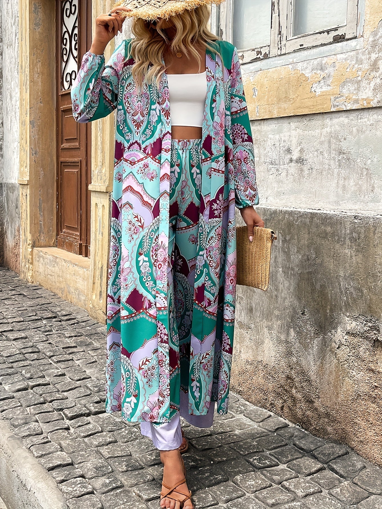 Ethnically Chic Floral Two-Piece Outfit Set - Flowy Open Front Cardigan & Wide Leg Pants - Maxi-Length Womens Fashion