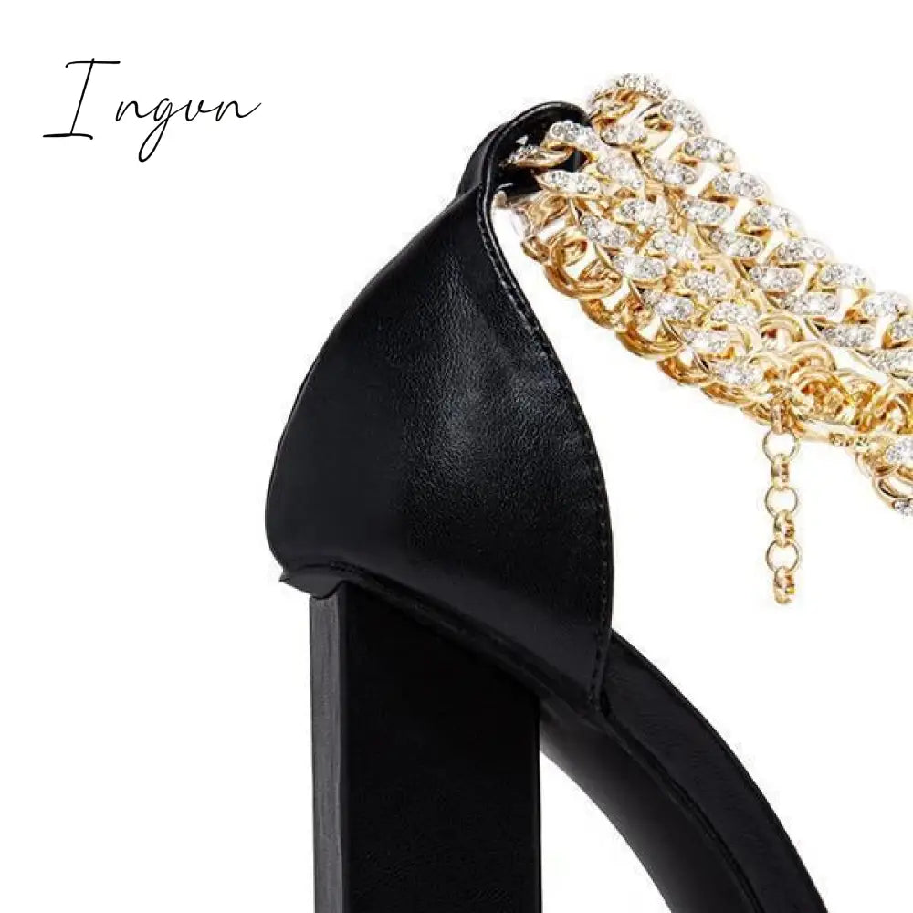 Ingvn - Gold-Tone Chain Embellished Ankle Strap Chunky Heels