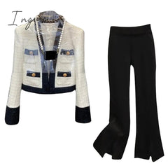Ingvn - 2023 New Little Fragrance Two Piece Set Streetwear Stylish V-Neck Tweed Jacket+High Waist A-Line Skirt With Split Wide Leg Pants