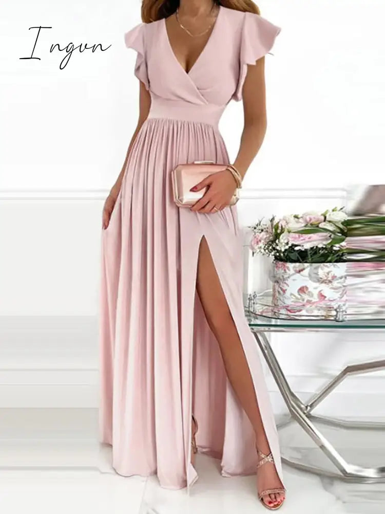 Ingvn - Female Short Butterfly Sleeve Split Fork Party Dress Solid Slim V Neck High Waist Dress Women Casual Summer Maxi Dress Vestidos