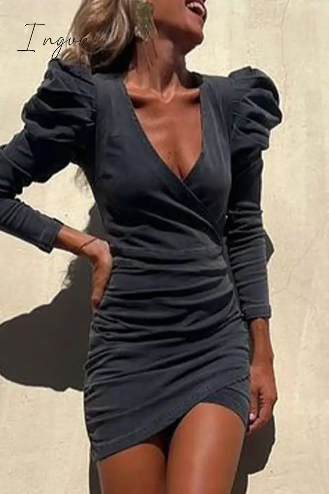 Ingvn - Sexy Simplicity Solid Fold Asymmetrical V Neck Long Sleeve Regular Denim Dresses
