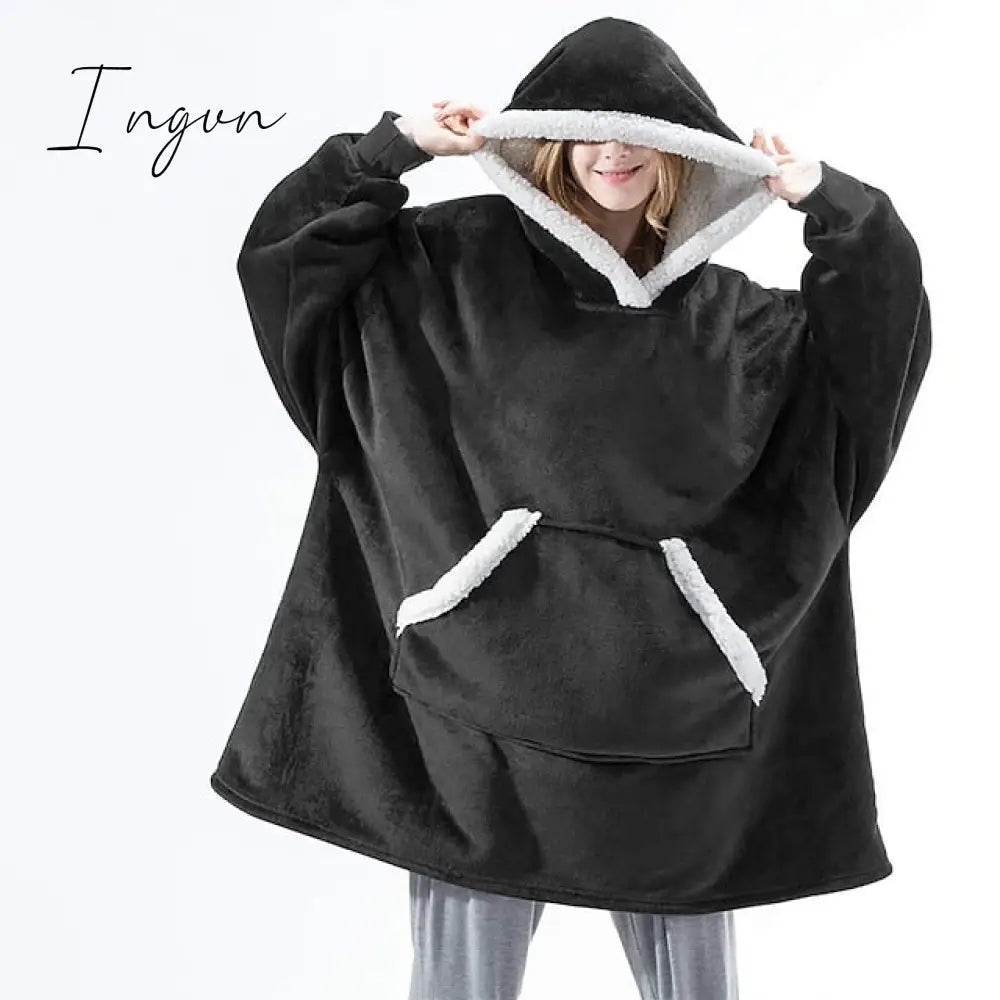 Ingvn - Women‘s Couple‘s Pajamas Nightgown Hoodie Blanket Wearable Blanket Christmas Grid / Plaid Pure Color Plush Simple Comfort Home Party Fleece Warm Gift Patchwork Pocket Fall Winter Black Gray