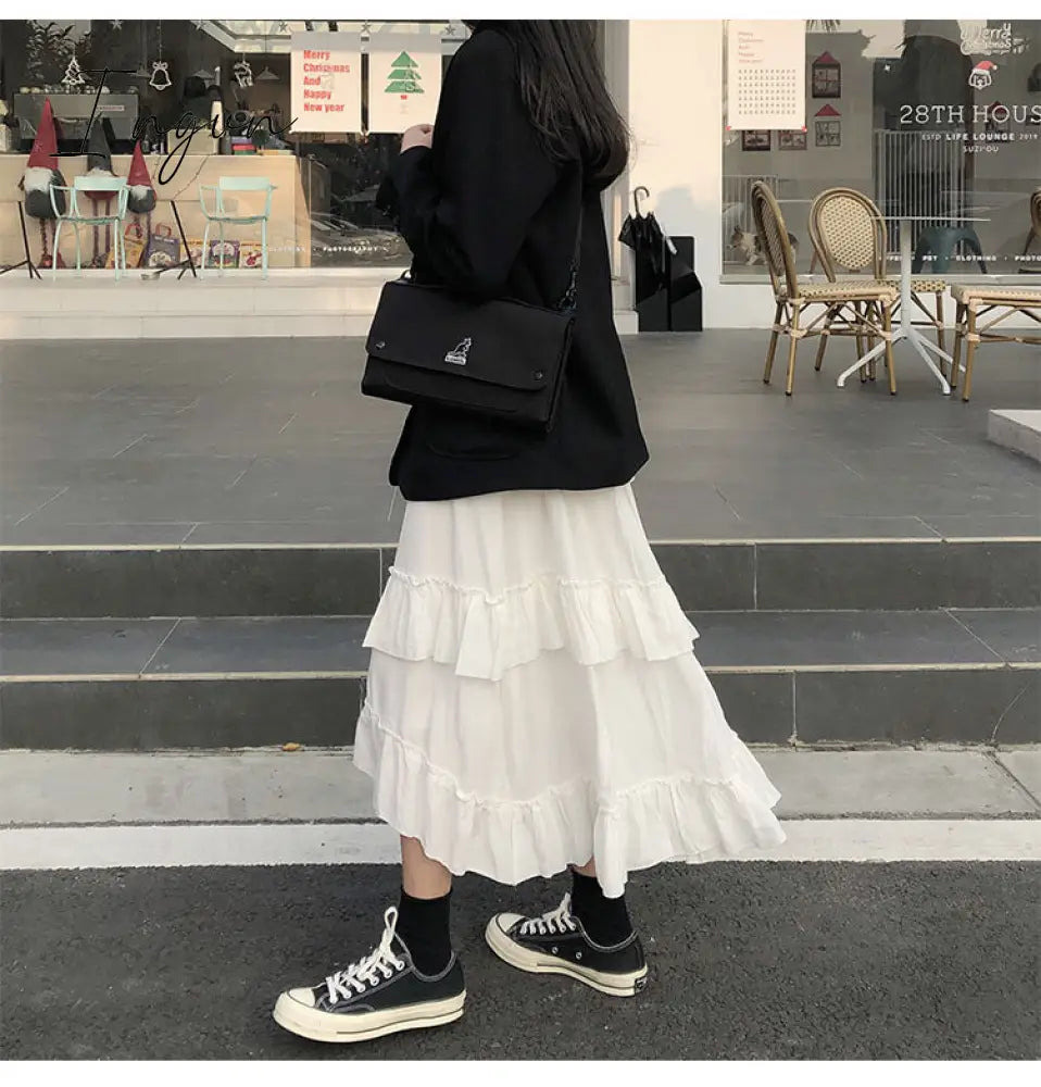 Ingvn - Midi Long Skirts Womens Maxi Skirt Goth Lolita Summer High Waisted Asymmetrical High Low Ruched Ruffle Skirts rok