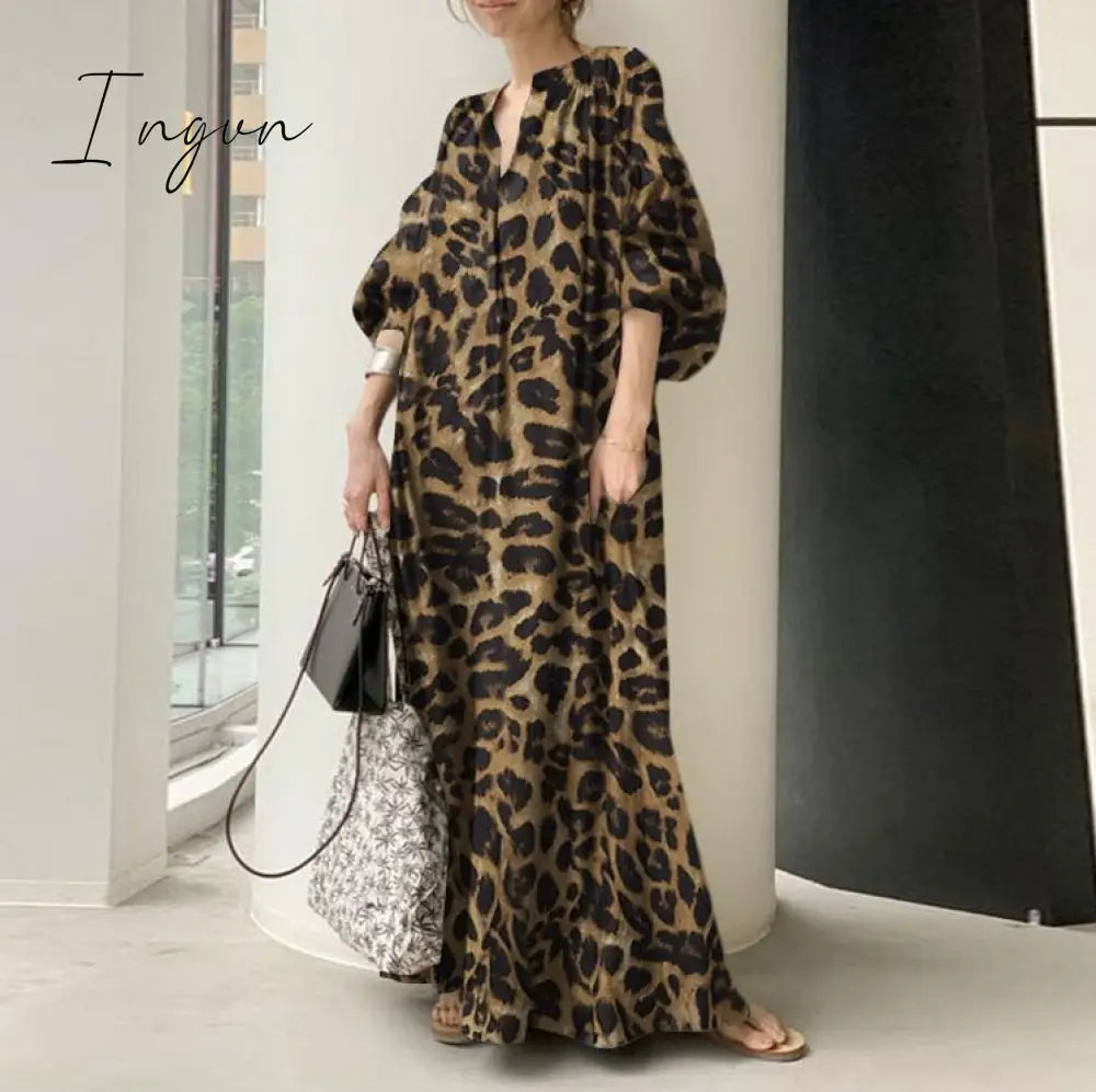 Ingvn - Fashion Printed Maxi Dress Women's Leopard Sundress Spring Puff Sleeve Long Vestidos Female V Neck Robe Oversize