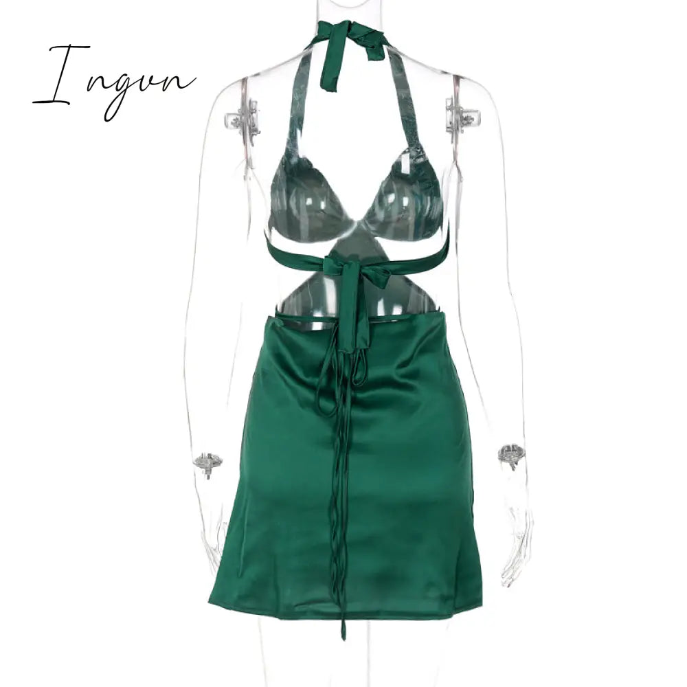 Ingvn - Halter Hollow Out Dress Women Bandage Slim Strapless Bodycon Dress Sexy Mini Backless Summer Party Dresses