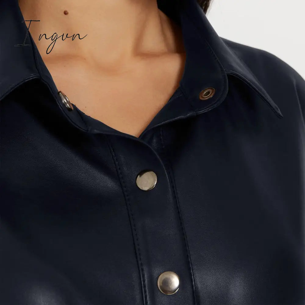 Ingvn - Winter Casual Sashes Pu Leather A-Line Dresses Women Turn-down Collar Long Sleeve Solid Color Knee Dress Office Lady Wear
