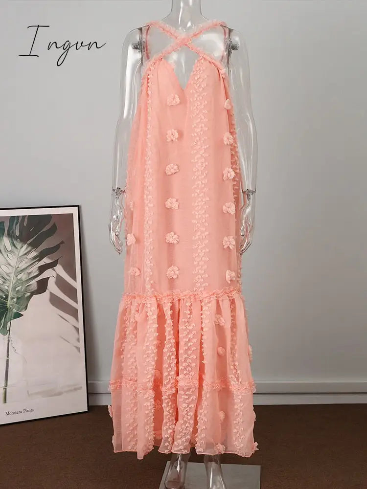 Ingvn - Sleeveless Halter Maxi Summer Dress For Women Fashion Ruffle Beach Long Robe Elegant Slip Holiday Hollow Out Sundress