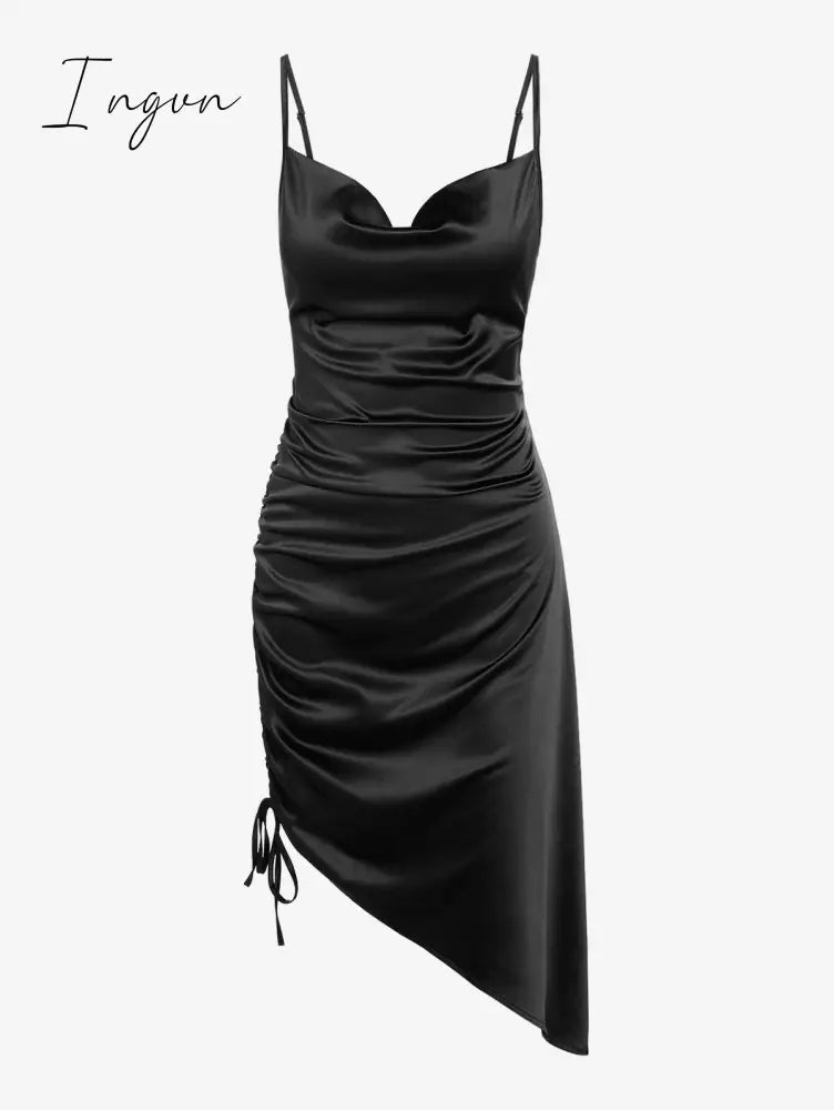 Ingvn - Women's Sexy Satin Dress Spaghetti Strap Slips Nightwear Side Slit Cocktail Party Silk Mini Dresses
