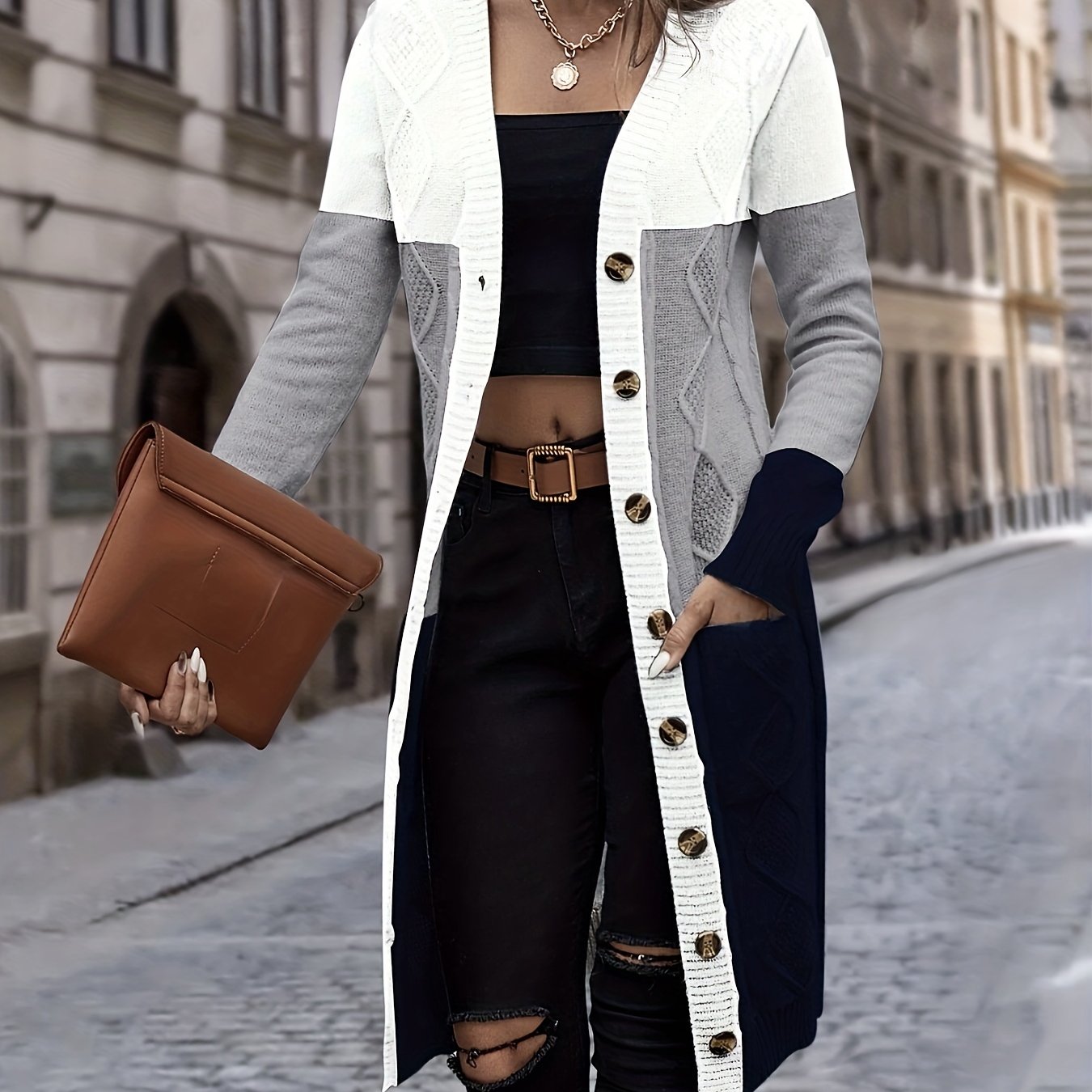 Versatile Long Sleeve Color Block Single Breasted Cardigan for Spring & Fall, Women's Clothing