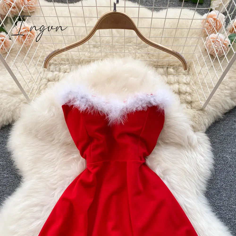 Ingvn - Gifts For Women Elegant Dress For New Year Strapless Backless Furry Sexy Short Mini Christmas Dress Navidad Red Party Dress Femme