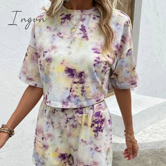 Ingvn - Tie Dye Round Neck Dropped Shoulder Tie Dye Top and Shorts Set