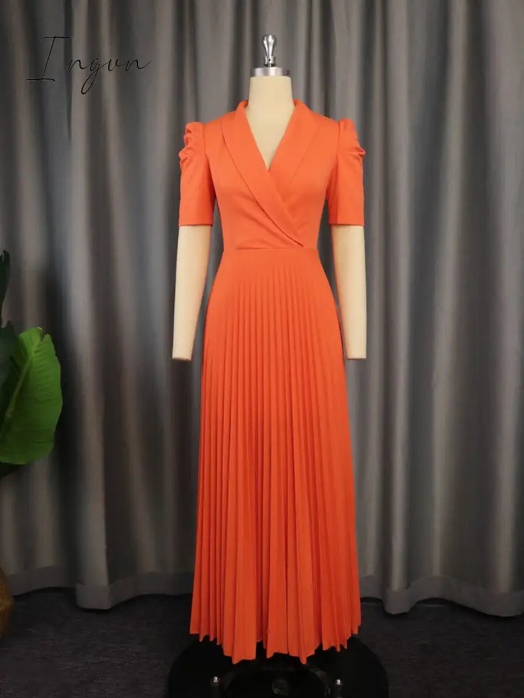 Ingvn - Elegant Women Maxi Pleated Dresses Notched Lapel Wrap High Waist Big Swing Dress Modest Classy Wedding Guest Party Evening Gown