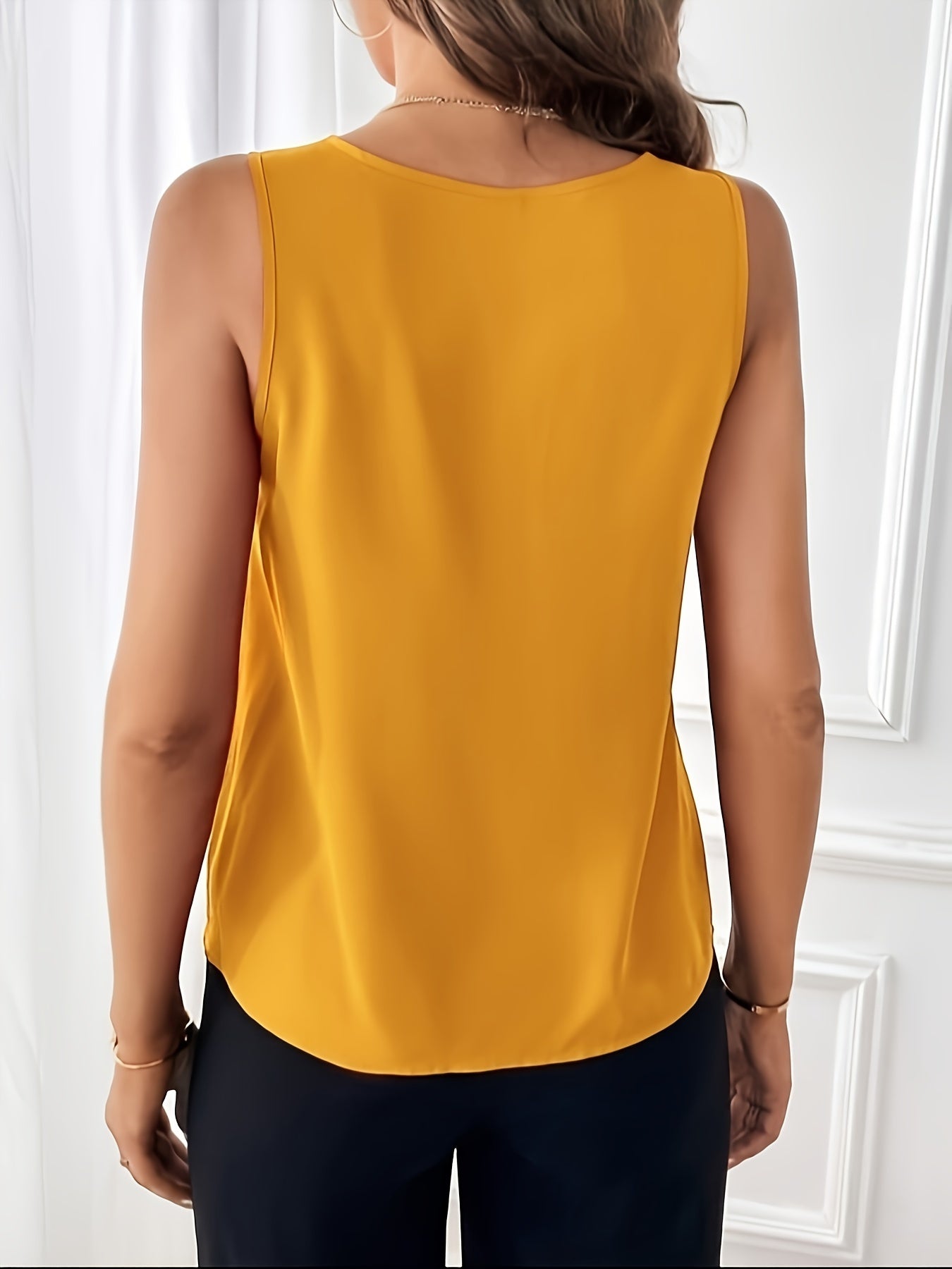 Solid V-neck Button Decor Top, Elegant Sleeveless Top For Summer, Women's Clothing