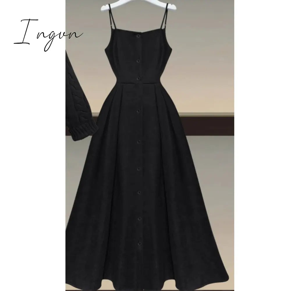 Ingvn - Fall Winter Two Piece Sets Women Outfits Korean Casual Long Sleeve Twist Knitted Short Sweater And Straped High Waist Dress Sets