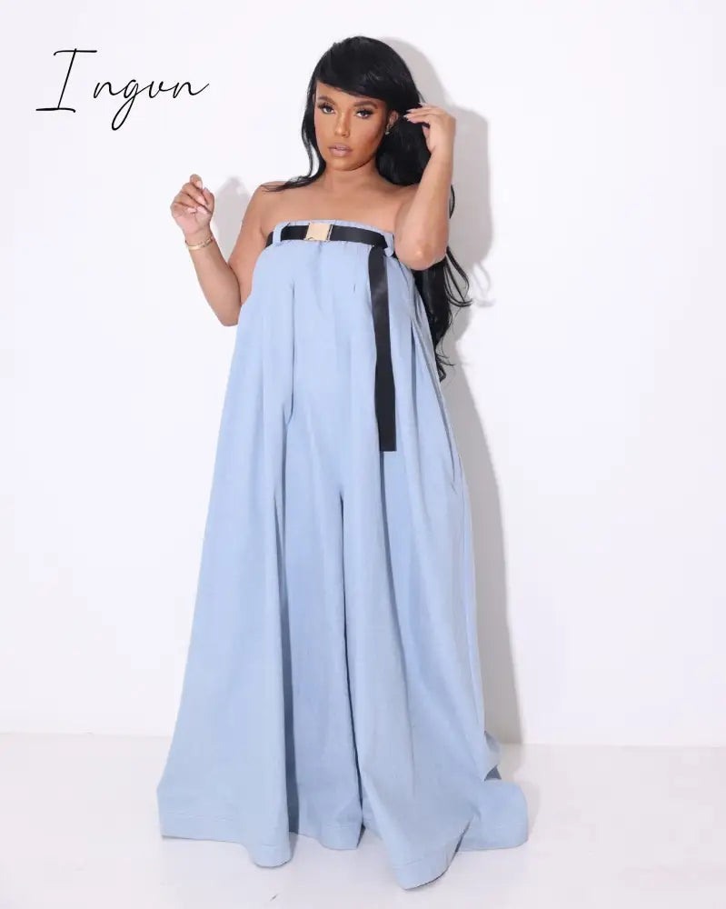 Ingvn - Women Strapless with Belt Straight Wide Leg Loose Skirt Style Jumpsuit 2023 Vintage Street INS Playsuit One Piece Set