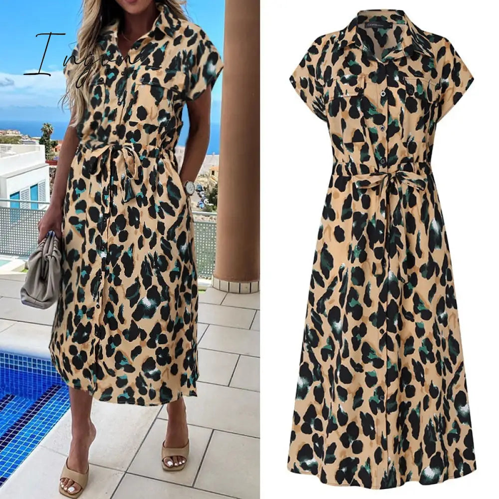 Ingvn - Summer Sundress Women Elegant Dress Plus Size Short Sleeve Casual Loose Buttons High Waist Work Midi Vestidos Robe