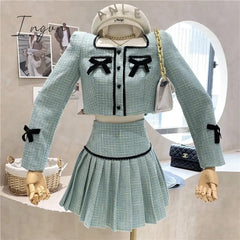 Ingvn - Small Fragrance Tweed 2 Piece Set Women Bow Short Jacket Coat + Skirt Suits Korean Sweet Outfits French Vintage Two Piece Sets