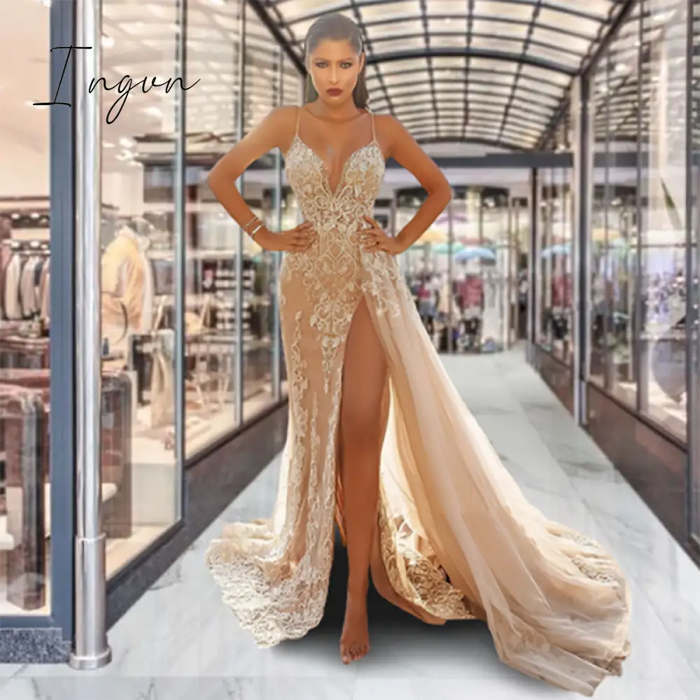 Ingvn - Wedding Party Dress Female Evening Elegant Sexy Deep V Neck Spaghetti Strap Sleeveless Sequined Long Maxi Dresses For Women