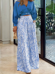 Two-Piece Casual Outfit Set - Surplice Neck Solid Color Top with Adjustable Straps & Wide Leg Floral Print Pants - Comfortable Womens Clothing for Daily Wear
