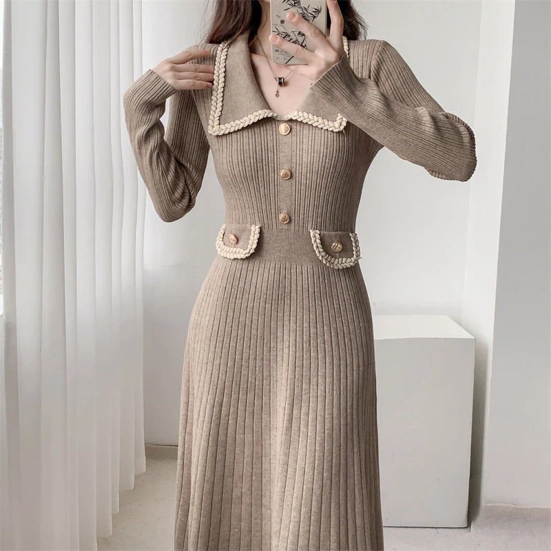 Autumn Elegant Knitted Dress for Women Fashion Single Breasted Slim A Line High Waist One Piece Female Korean Clothes Winter New