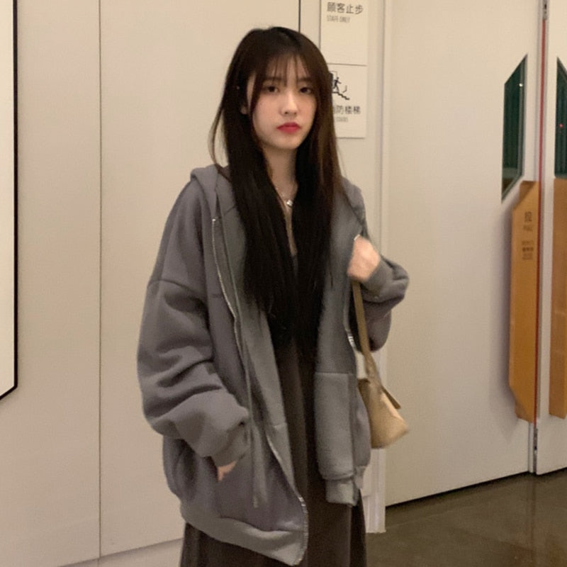 VOGUABLE  Women Hoodies Harajuku Korean Version Zip Up Loose Oversized Sweatshirts Casual Solid Color Long Sleeve Hooded Sweatshirt Coats